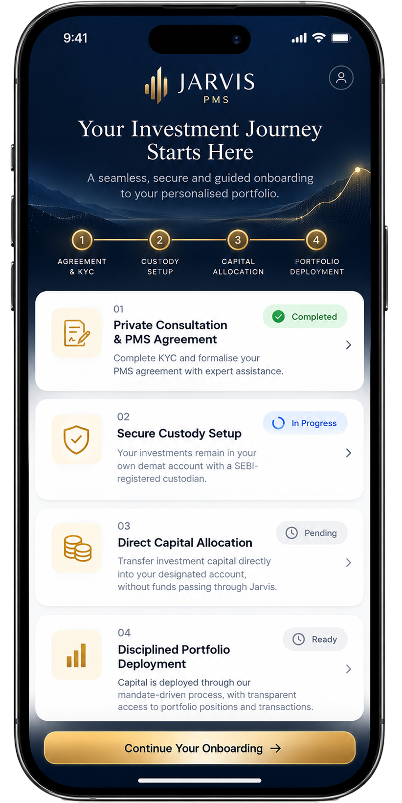 Jarvis PMS onboarding journey: agreement and KYC, custody setup, capital allocation and portfolio deployment.