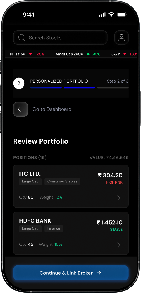 Review portfolio screen listing holdings, weights and risk labels.